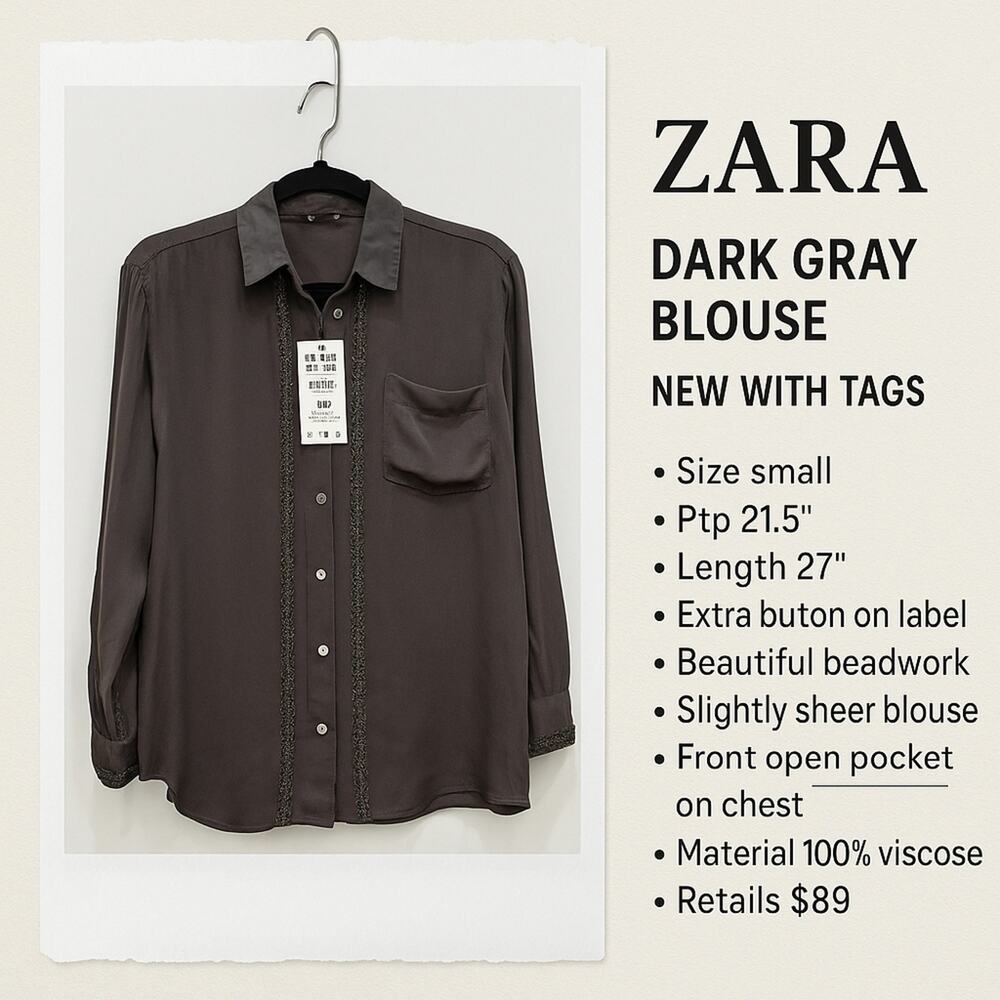 NWT Zara Dark Gray Blouse – New With Tags (Size S) Beadwork